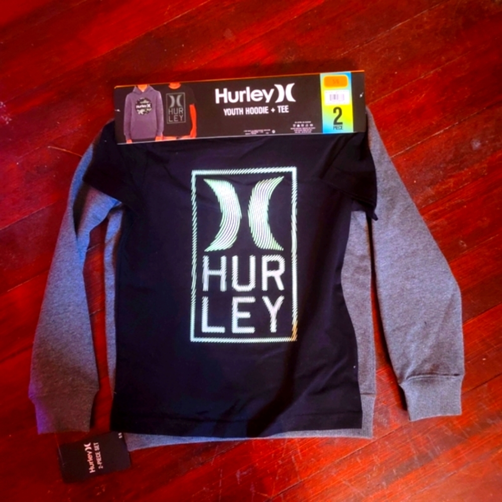 Hurley 7-8 2 piece hoodie/sweater black and grey and t shirt!make offer!